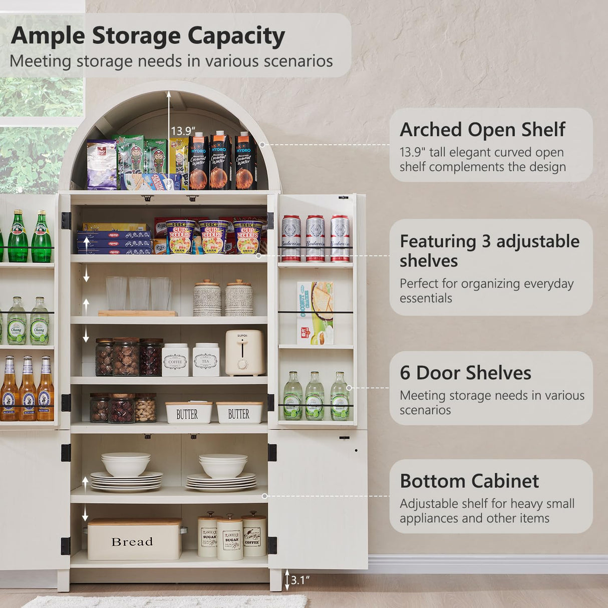 IFGET 71" Tall Arched Kitchen Pantry, Modern Fluted Wood Storage Cabinet with 4 Doors, 3 Adjustable Shelves, 6 Door Shelves, Organizer, Versatile Cupboard for Kitchen, Bathroom, Antique White IFGET