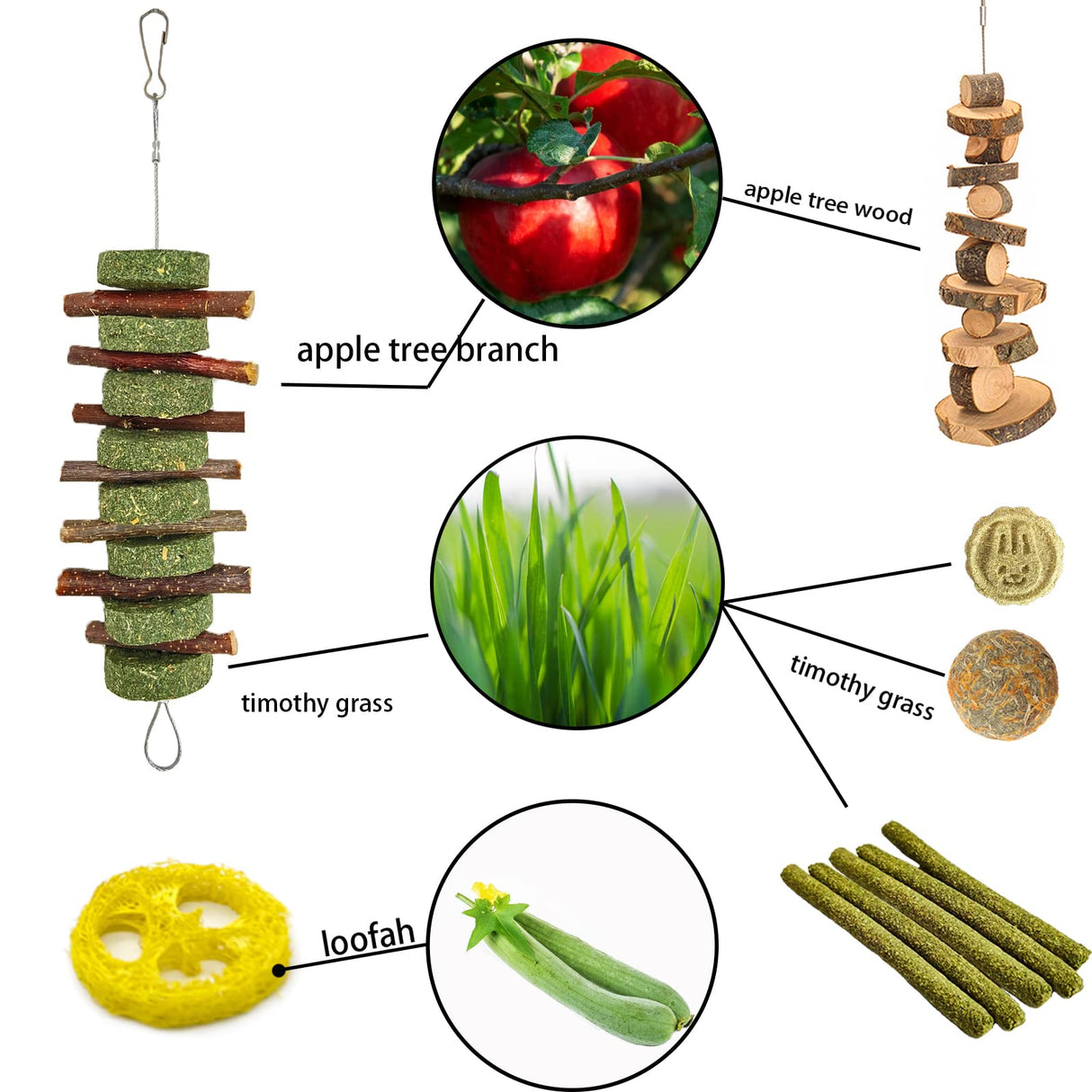 Grddaef 20 PCS Bunny Chew Toys for Teeth, Natural Rabbit Toys Apple Wood Grass Timothy Sticks Chew and Treat for Guinea Pigs Hamster Chinchillas Grddaef