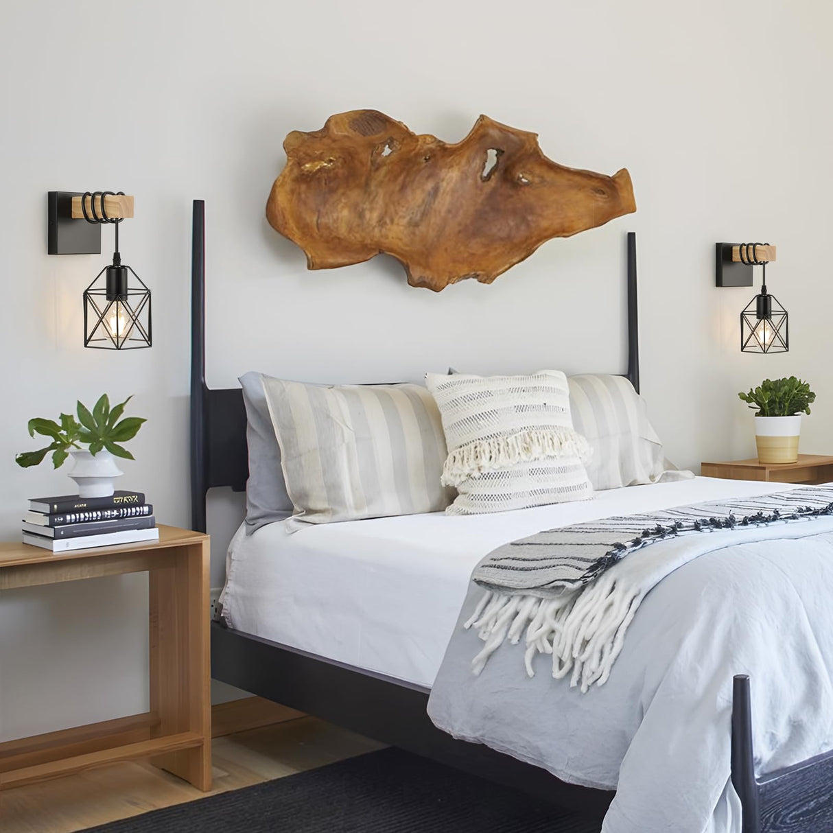 foucasal Wall Sconces Set of 2, Farmhouse Wall Mount Lighting, Black Vanity Lights Fixture for Bathroom with Metal Cage Shade, Wood Rustic Wall Lamp for Hallway, Living Room, Mirror, Bedroom foucasal