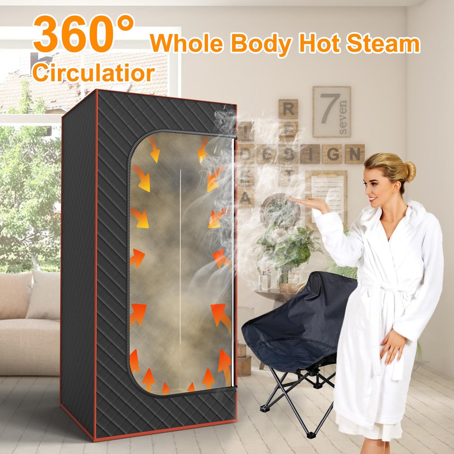 AgiiMan Portable Sauna Box, Portable Infrared Sauna for Home with 3L Steamer, Remote Control, Folding Chair and Mat, Full Size Personal Steam Sauna Tent for Wellness & Relaxation, Orange