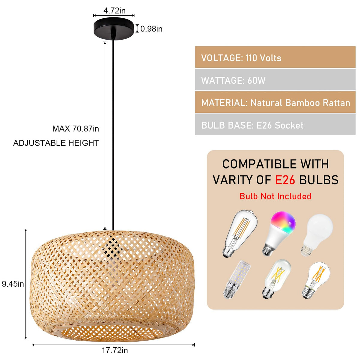 LUJOGUID 17.72in Bamboo Drum Light Rattan Wicker Hand Woven Lighting Fixture Boho Coastal Beach Chandelier Hanging Basket Lights for Kitchen Island Dining Room Restaurant Hallway Foyer LUJOGUID