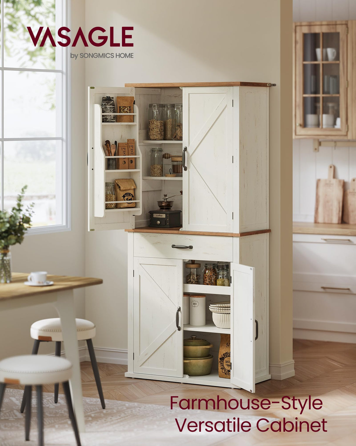 VASAGLE LIRY Collection - Pantry Cabinet, 70.3-Inch Tall Farmhouse Kitchen Storage Cabinet with Barn Doors, Drawer, Tray, Adjustable Shelves, for Kitchen, Dining Room, Rustic White UBBK364W01 VASAGLE