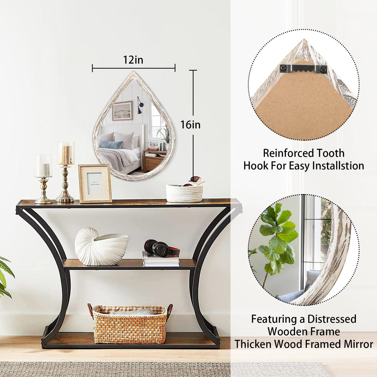 FEUFOAM Small Decorative Mirror Teardrop Mirror Wood Frame Rustic White Wall Mirror Farmhouse Hanging Mirrors for Bathroom Living Room Entryway Hallway FEUFOAM