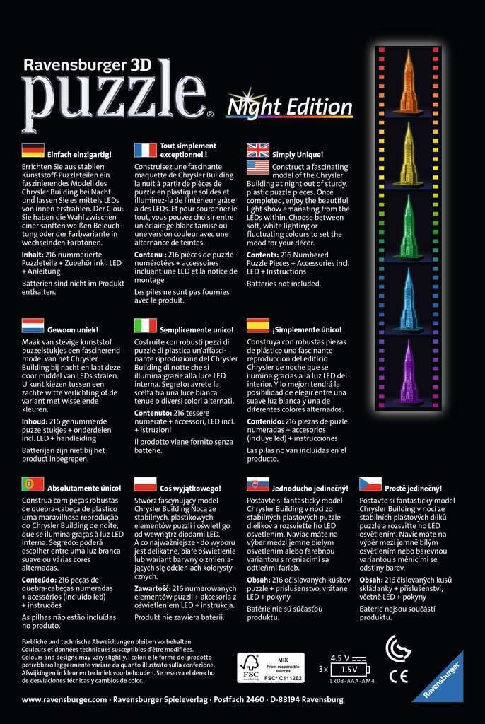 Ravensburger - Chrysler Building 3D Puzzle - Night Edition - 216 Piece 3D Jigsaw Puzzle for Kids and Adults - Easy Click Technology Means Pieces Fit Together Perfectly Ravensburger