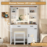 GlasFlength Farmhouse Makeup Vanity with Lighted Mirror,Vanity Desk with Charging Station,Vanity Table with Hidden Jewelry Cabinet,40'' Makeup Table with Glass Tabletop,Stool Included,Vintage White GlasFlength