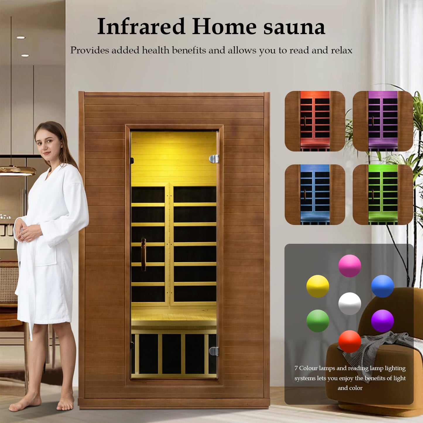 amocane Infrared Sauna 1 to 2 Person Cedar Wood Home Sauna Room, 110V Carbon Fiber Far Infrared Indoor Sauna Spa, Color Lights, Dry Sauna with Bluetooth(L 47.2" x W 41.3" x H 77.9")