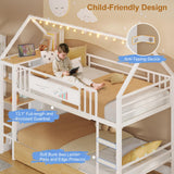 DICTAC Bunk Bed Twin Over Twin with Storage Drawers and Globe String Lights House Shaped Low Bunk Bed with Montessori Bookshelves Metal bunk Beds for Kids with Ladder and Guardrail,Space Saving,White DICTAC