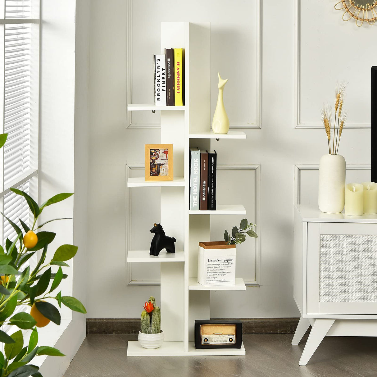 Tangkula 8 Shelf Bookshelf, Wood Tree Bookcase with 8 Book Shelf, 20 x 8 x 55.5 Inch, Freestanding 8 Tier Storage Display Shelf with Anti-toppling, Corner Shelf for Living Room Home Office (White) Tangkula