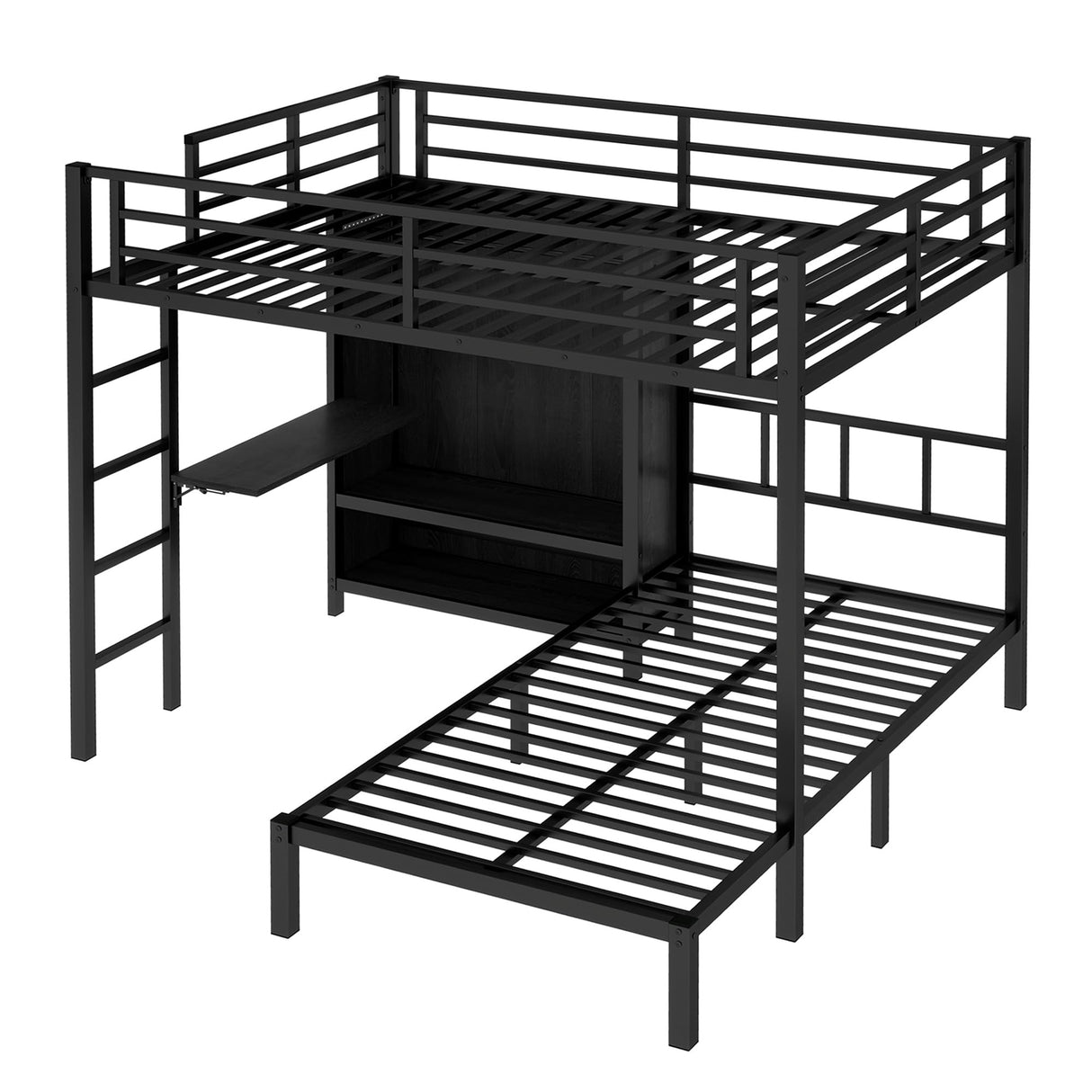 Bellemave Full XL Over Twin Bunk Beds with Folding Desk, Wardrobe and Shoe Rack, Heavy Duty Metal Bunk Bed with RGB LED Light, Ladder and Full-Length Guardrail, Black Bellemave