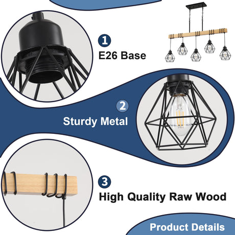 5-Light Kitchen Island Lighting,Modern Chandelier Over Table, Dining Room Light Fixture Hanging for Modern Farmhouse Linear Chandeliers Black Rustic Wood Ceiling Pendant Light Fixtures LmnLvn