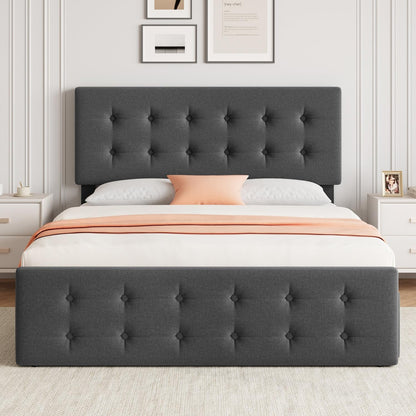 IDEALHOUSE Grey Upholstered Full Size Bed Frame with Adjustable Headboard and 4 Storage Drawers - WoodArtSupply