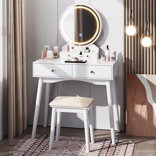 Furmax Vanity Desk Makeup Vanity Table with Lighted Mirror Vanity Set with Modern Desktop, Soft Cushioned Stool, 4 Storage Drawers, 3 Colors Mirror Brightness Adjustable (White)