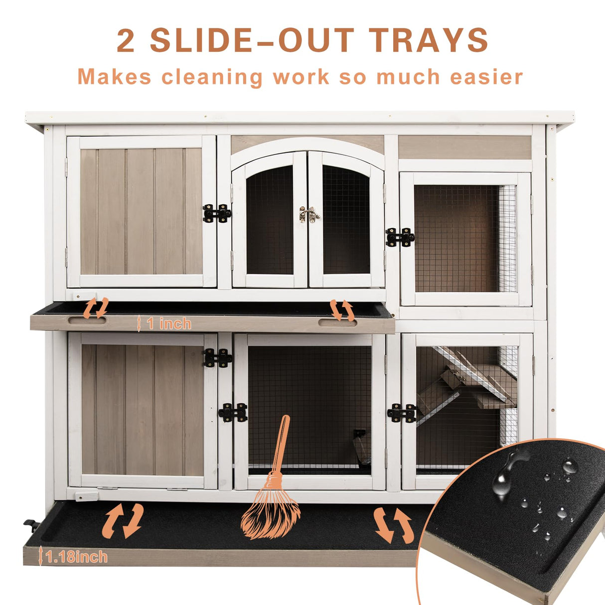 Gowoodhut 47"L Rabbit Hutch Indoor Wooden 2 Story Rabbit Large Bunny Hutch Outdoor Bunny Cage on 4 Metal Wheels and 2 Deeper Pull Out Trays, Ramp,Guinea Pig Pet House for Small to Medium Animals,Grey Gowoodhut