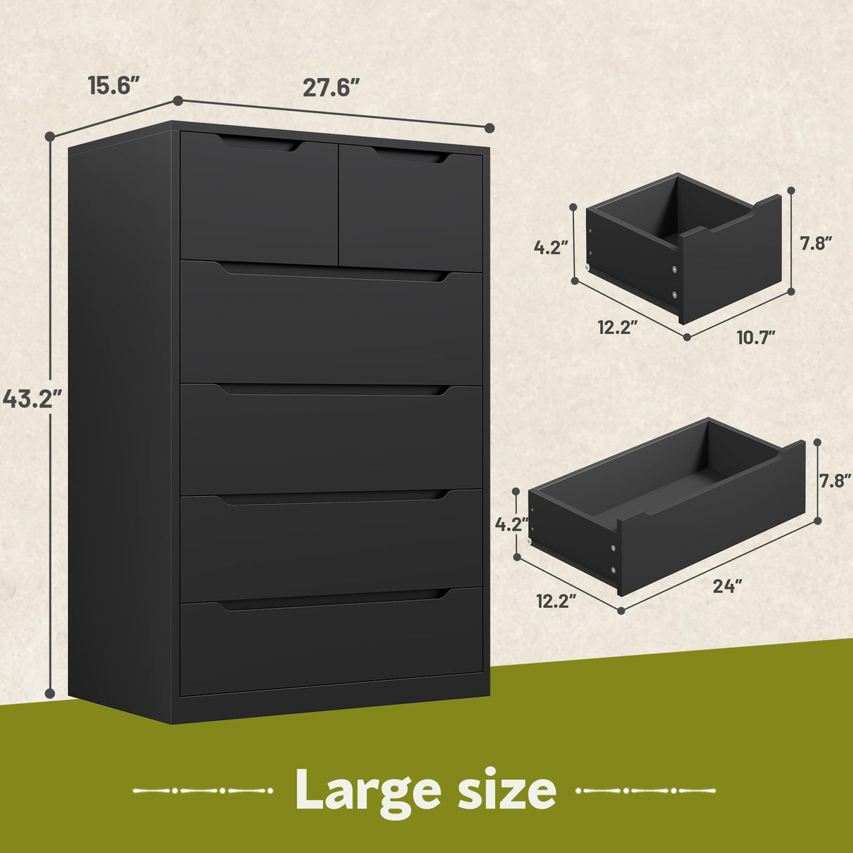 Romorgniz 6 Drawer Dresser for Bedrom, Black Tall Chest of Drawers Modern Wooden Dresser for Living Room, Entryway, Hallway, 43.2" H X 27.6" W X15.6 D Romorgniz