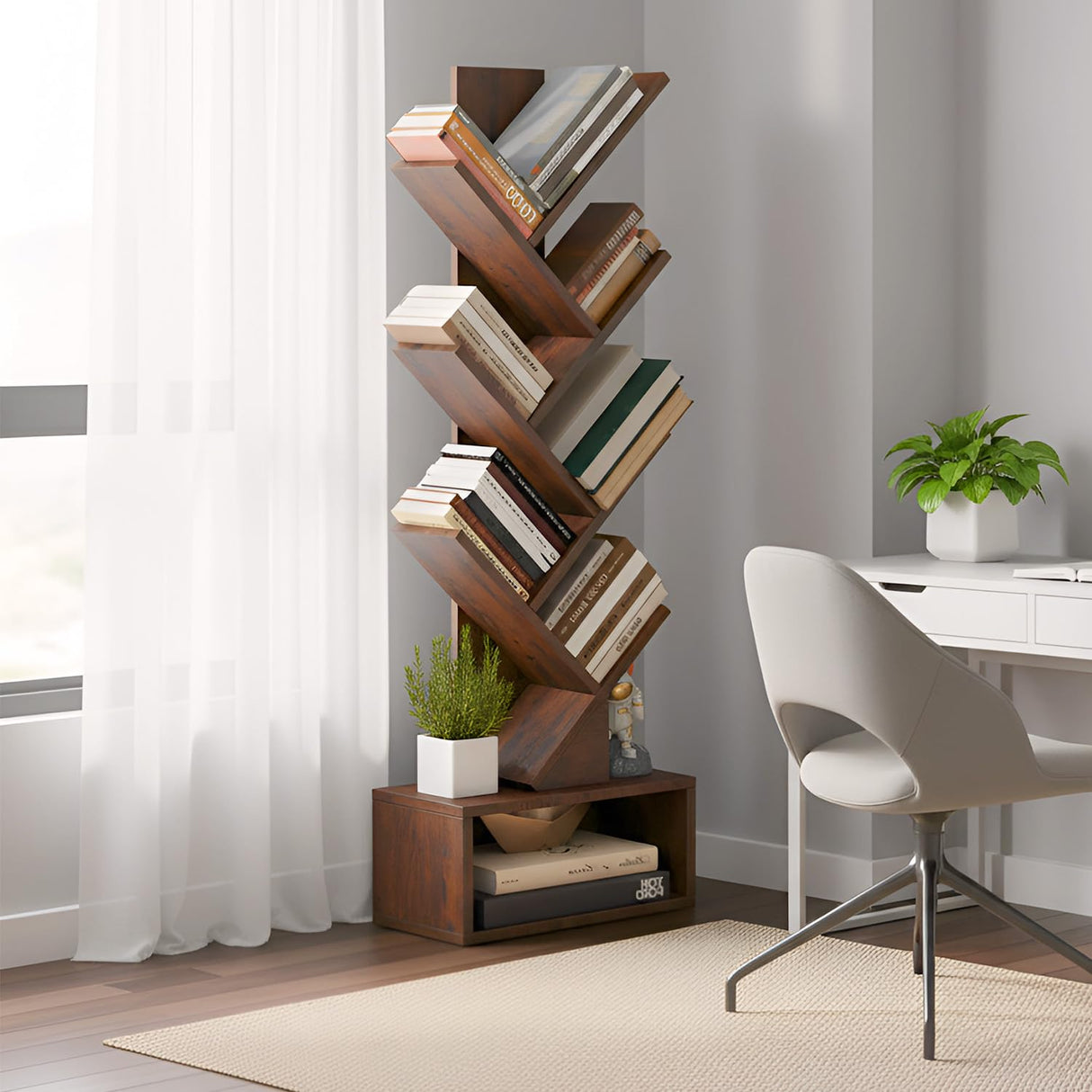 FDW 7 Tier Tree Bookshelf, Rustic Brown Floor Standing Bookcase with Storage Cabinet, Tall Narrow Bookshelves Organizer for Bedroom/Living Room/Home Office Corner FDW