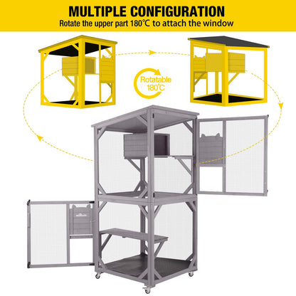 Aivituvin Cat Catio Outdoor Cat House Wooden Large Enclosure with Run on Wheels 70.9" Upgraded Version Catio with Reinforcement Strip,Waterproof Roof (Grey)