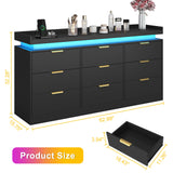 9 Drawer Dressers for Bedroom, Black Dresser with LED Lights and Power Outlet, Large Dresser Wooden Long Dresser, Double Wide Drawer Triple Dresser for Bedroom, Living Room, Entryway, Hallway knoworld
