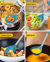 Silicone Cooking Utensil Set, 8Pcs Non-stick Cookware with Stainless Steel Handle, BPA Free Heat Resistant Kitchen Tools with Spatulas, Turners, Spoons, Skimmer and Pasta Fork BUNDLEPRO