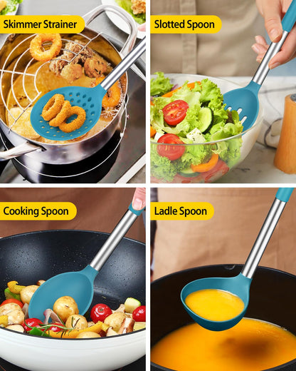 Silicone Cooking Utensil Set, 8Pcs Non-stick Cookware with Stainless Steel Handle, BPA Free Heat Resistant Kitchen Tools with Spatulas, Turners, Spoons, Skimmer and Pasta Fork