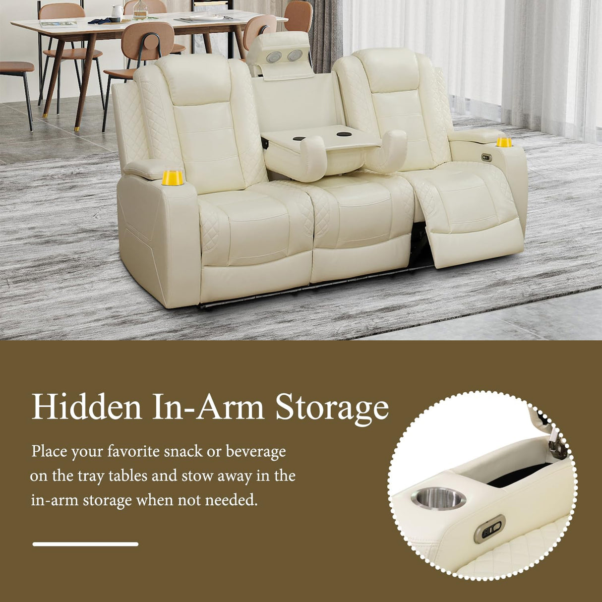 Plithzy Breathable Leather Power Recliner Sofa Set 3 Piece Living Room Furniture Electric Reclining Leather Couches with Cup Holders, LED Light, USB Port and Storage for Home Theater (Cream White) Plithzy