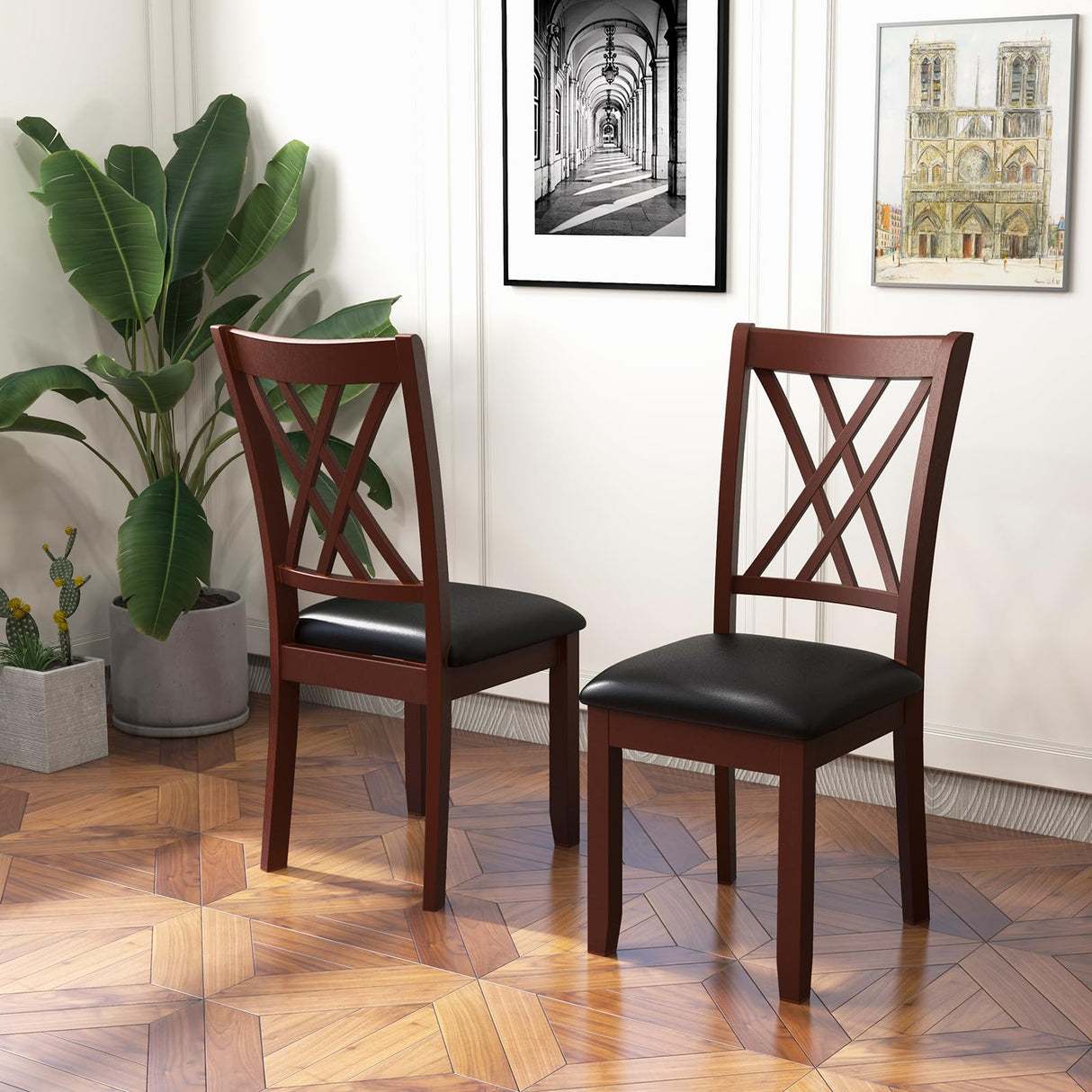 Giantex Wood Dining Chairs Set of 2, Faux Leather Upholstered Kitchen Chairs with Rubber Wood Legs, Padded Seat, Max Load 355 Lbs, Farmhouse Armless Wooden Dining Room Chair Giantex
