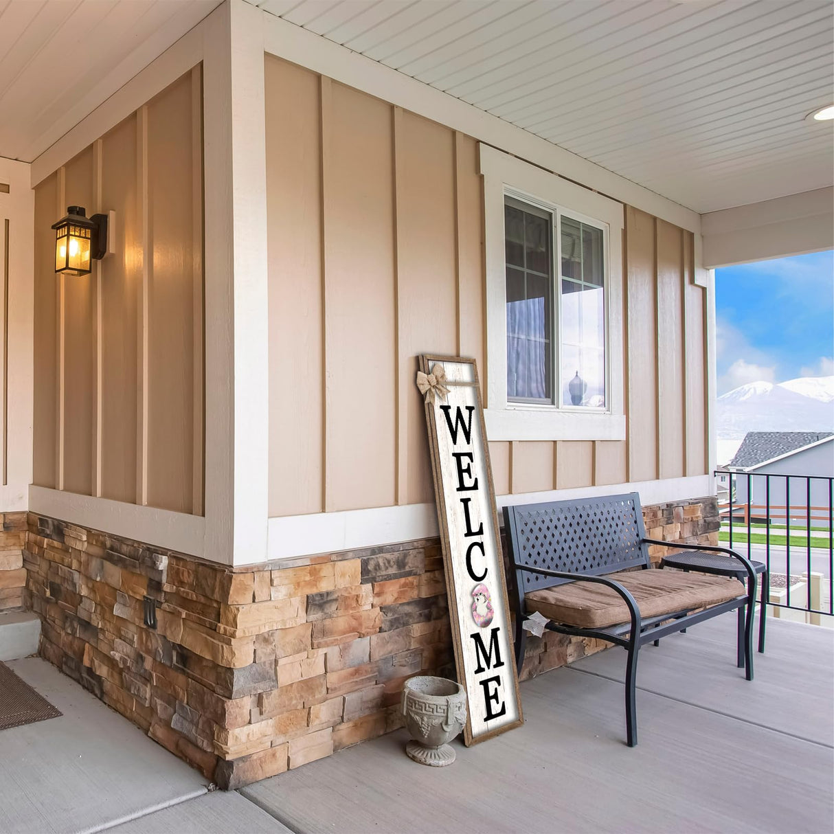 Interchangeable Welcome Sign for Front Porch Standing 45"X9" Large with 12 Pcs Replaceable Icons Outdoor Decorations Frame Tall Vertical Outside Farmhouse Rustic Door Decor (Wood) Surfapans