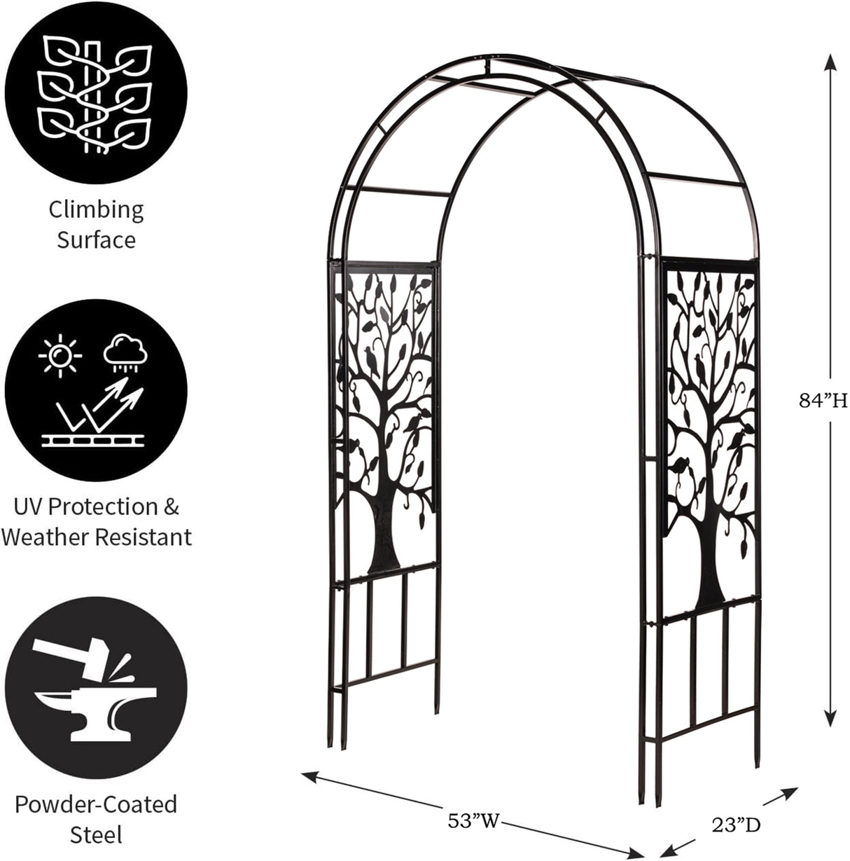 Evergreen Plow & Hearth Tree of Life Garden Arbor - 7 Feet Tall | Slim Metal Arch with Iron Trellis for Climbing Plants | Elegant Wedding Arbor | Outdoor Patio & Garden Decor Evergreen