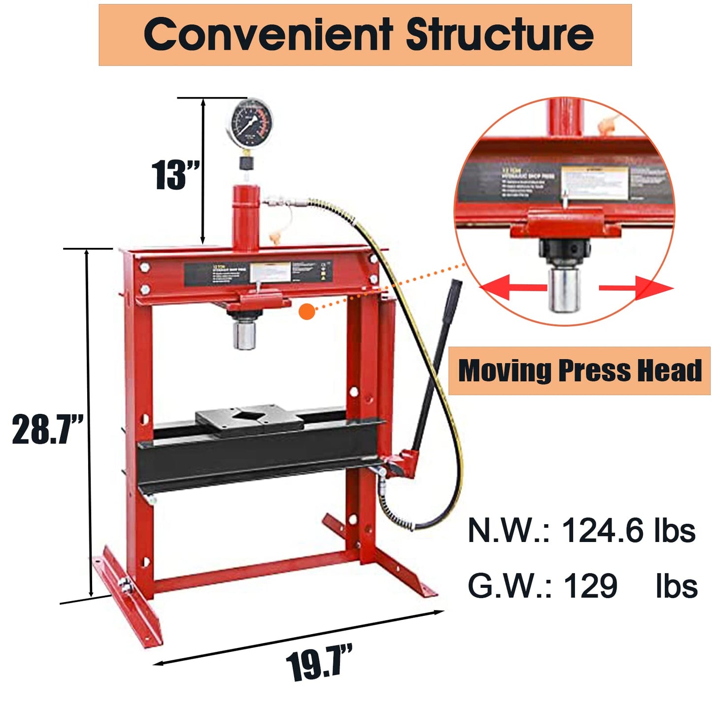 BIG RED ATY12001R Torin Steel H-Shape Hydraulic Garage/Shop Benchtop Press with Gauge and Stamping Plates, 12 Ton (24,000 lb) Capacity, Red - WoodArtSupply