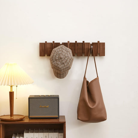 QUELLANCE Wood Coat Rack Wall Mount, Coat Hooks Hanger Wall Mounted, Heavy Duty Wall Coat Rack with 6 Hooks for Hanging Coats/Keys/Hats/Robe&Towels/Plants/Bags, Walnut QUELLANCE