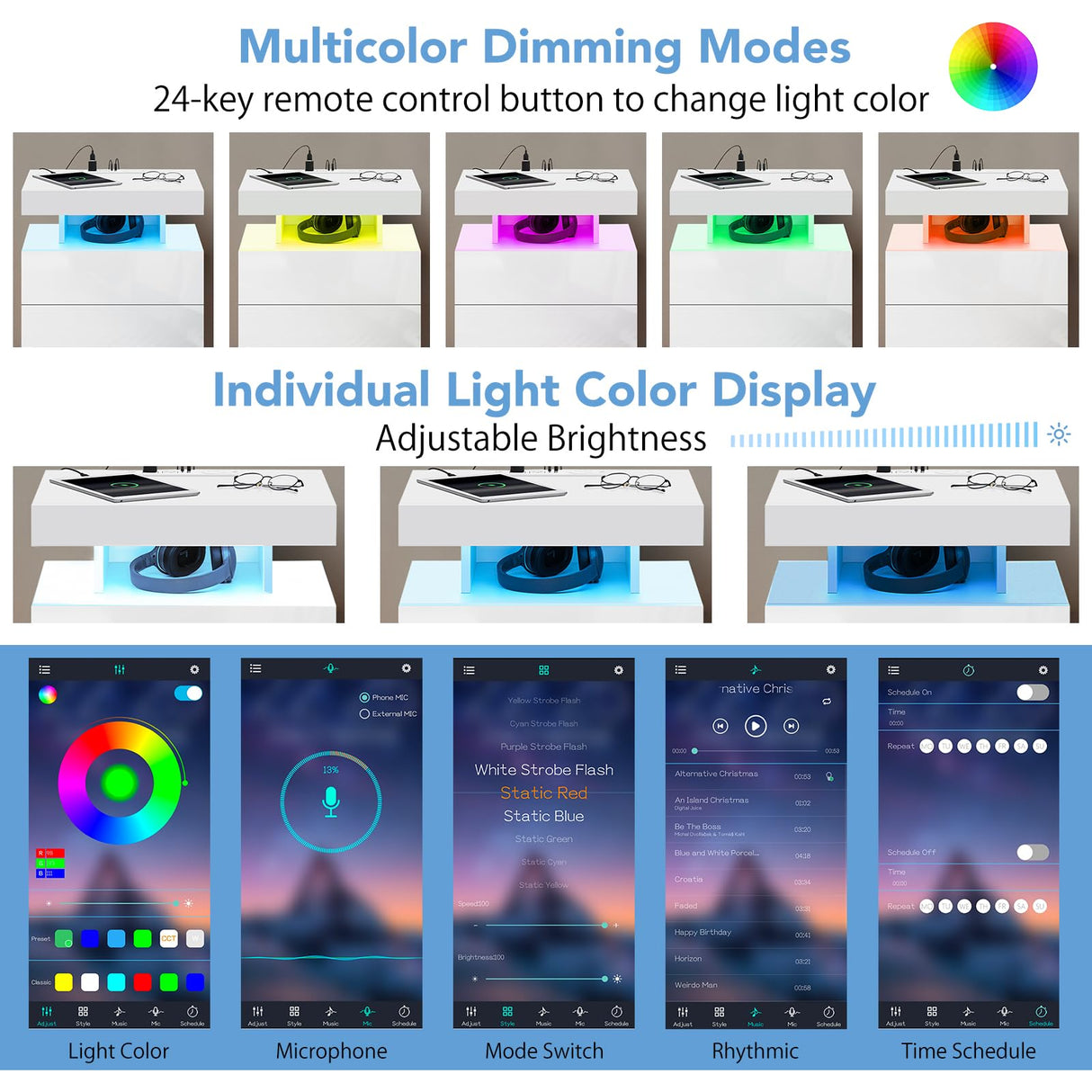 HOMMPA LED Nightstand with Wireless Charging Station & USB Ports, 3 Drawer Night Stand with LED Light RGB Adjustable Brightness, Smart Nightstand High Gloss Bedside Table for Bedroom White HOMMPA