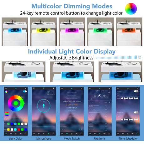 HOMMPA LED Nightstand with Wireless Charging Station & USB Ports, 3 Drawer Night Stand with LED Light RGB Adjustable Brightness, Smart Nightstand High Gloss Bedside Table for Bedroom White HOMMPA