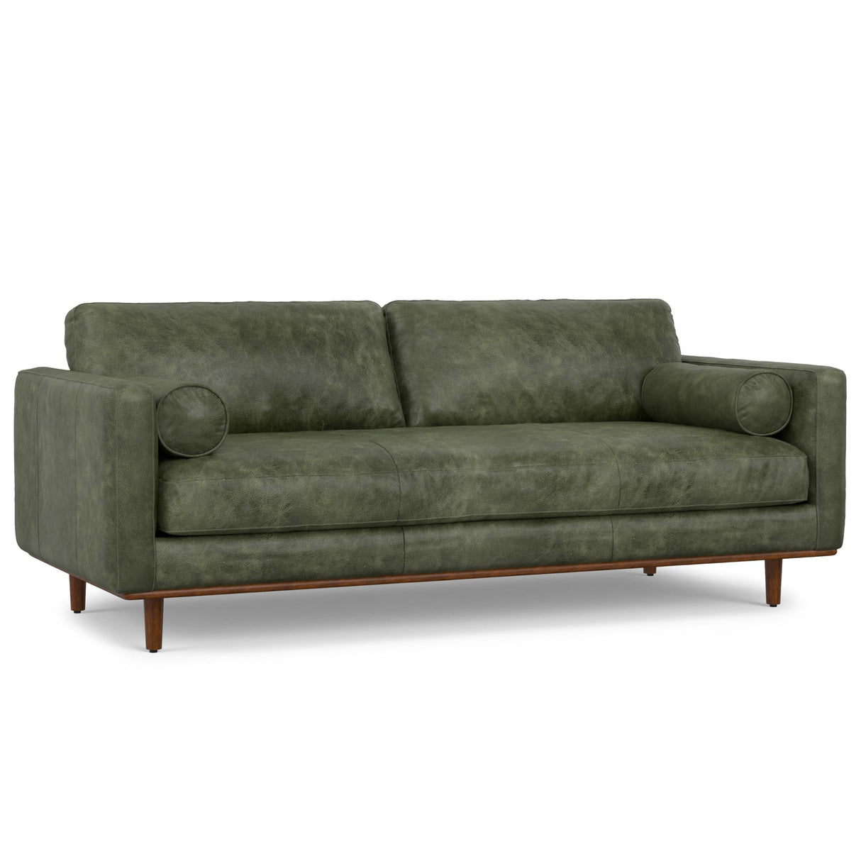 SIMPLIHOME Morrison 89-inch Wide Sofa in Moss Green Genuine Leather, Mid-Century Modern Design Couch for Living Room, Single Bench Cushion, 2 Back Cushions, 2 Bolster Pillows SIMPLIHOME