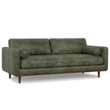 SIMPLIHOME Morrison 89-inch Wide Sofa in Moss Green Genuine Leather, Mid-Century Modern Design Couch for Living Room, Single Bench Cushion, 2 Back Cushions, 2 Bolster Pillows SIMPLIHOME