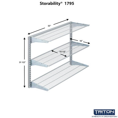 Triton Products 1795 Storability 34-Inch Length by 32-Inch Height Wall Mount Shelving Unit with 3-Wire Shelves, Grey