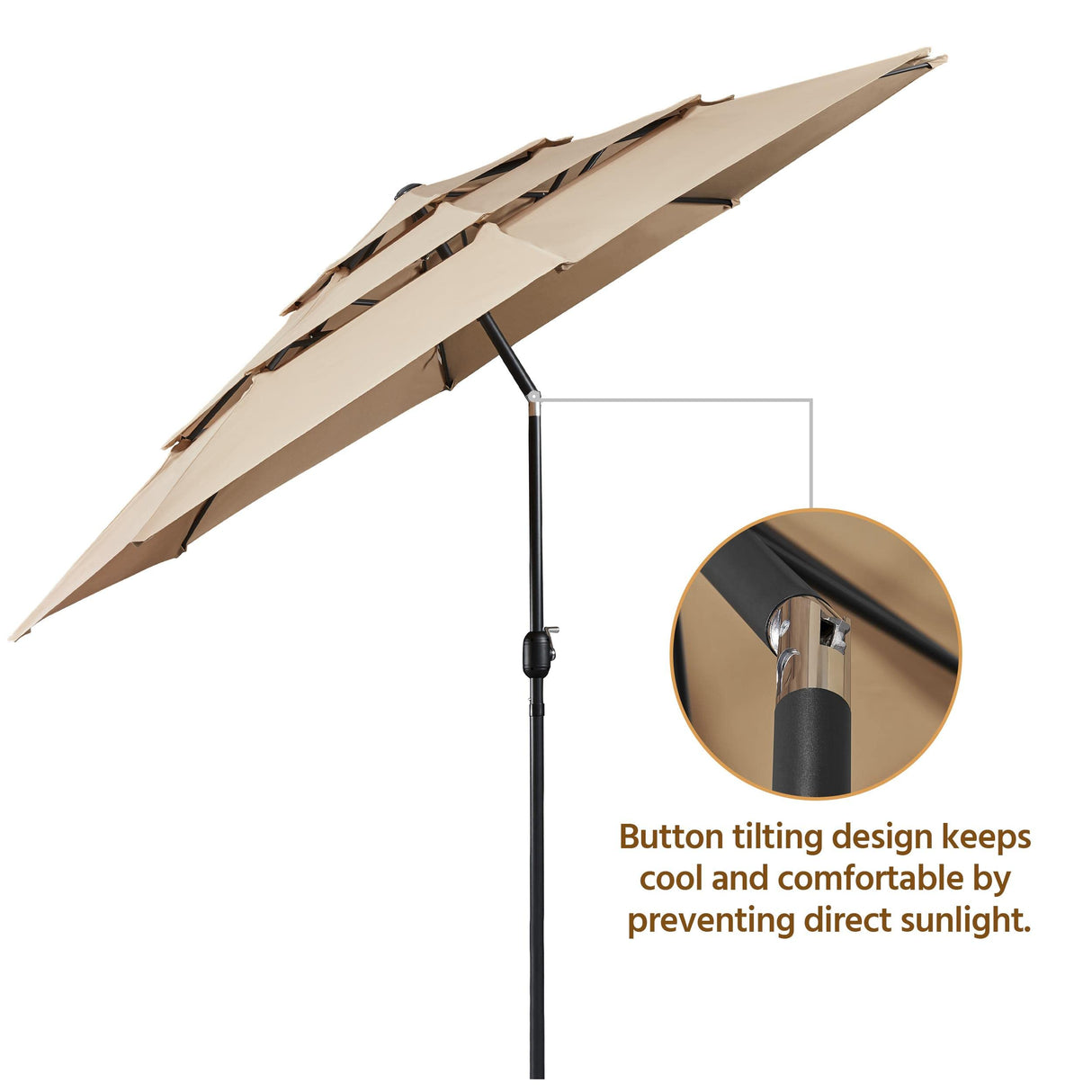 Yaheetech 3-Tier Patio Umbrella 10ft Vented Outdoor Canopy Sun Shade Large Market Table Umbrella Double-layer Cloth & Push-button Tilting for Yard/Garden/Park Tan Yaheetech