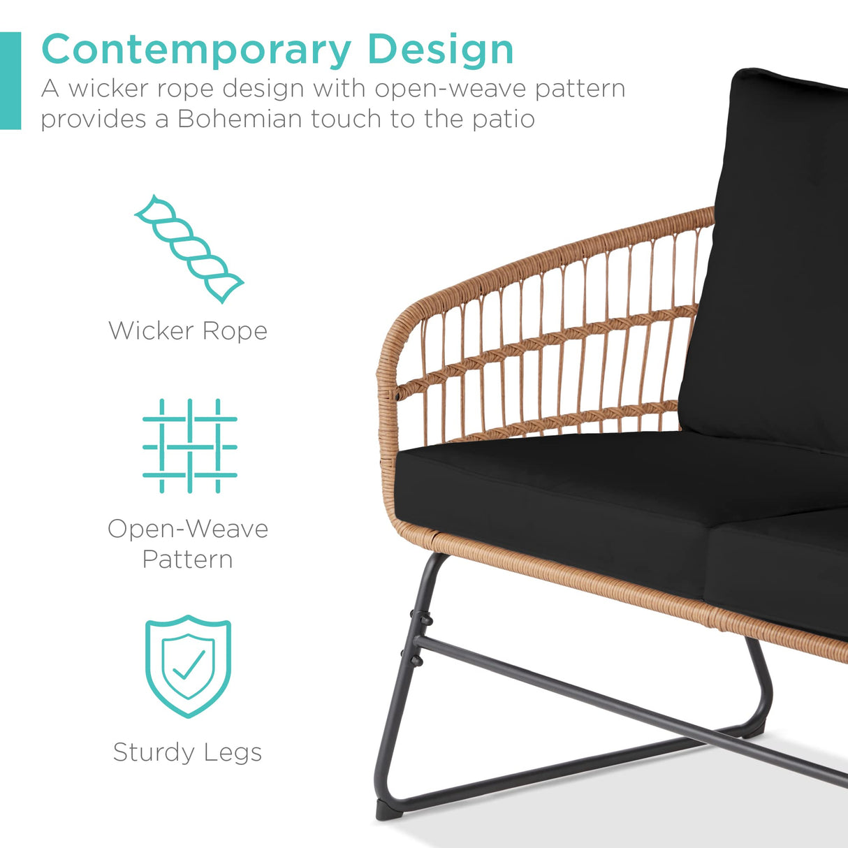 Best Choice Products 4-Piece Outdoor Rope Wicker Patio Conversation Set, Modern Contemporary Furniture for Backyard, Balcony, Porch w/Loveseat, Plush Cushions, Coffee Table, Steel Frame - Black Best Choice Products