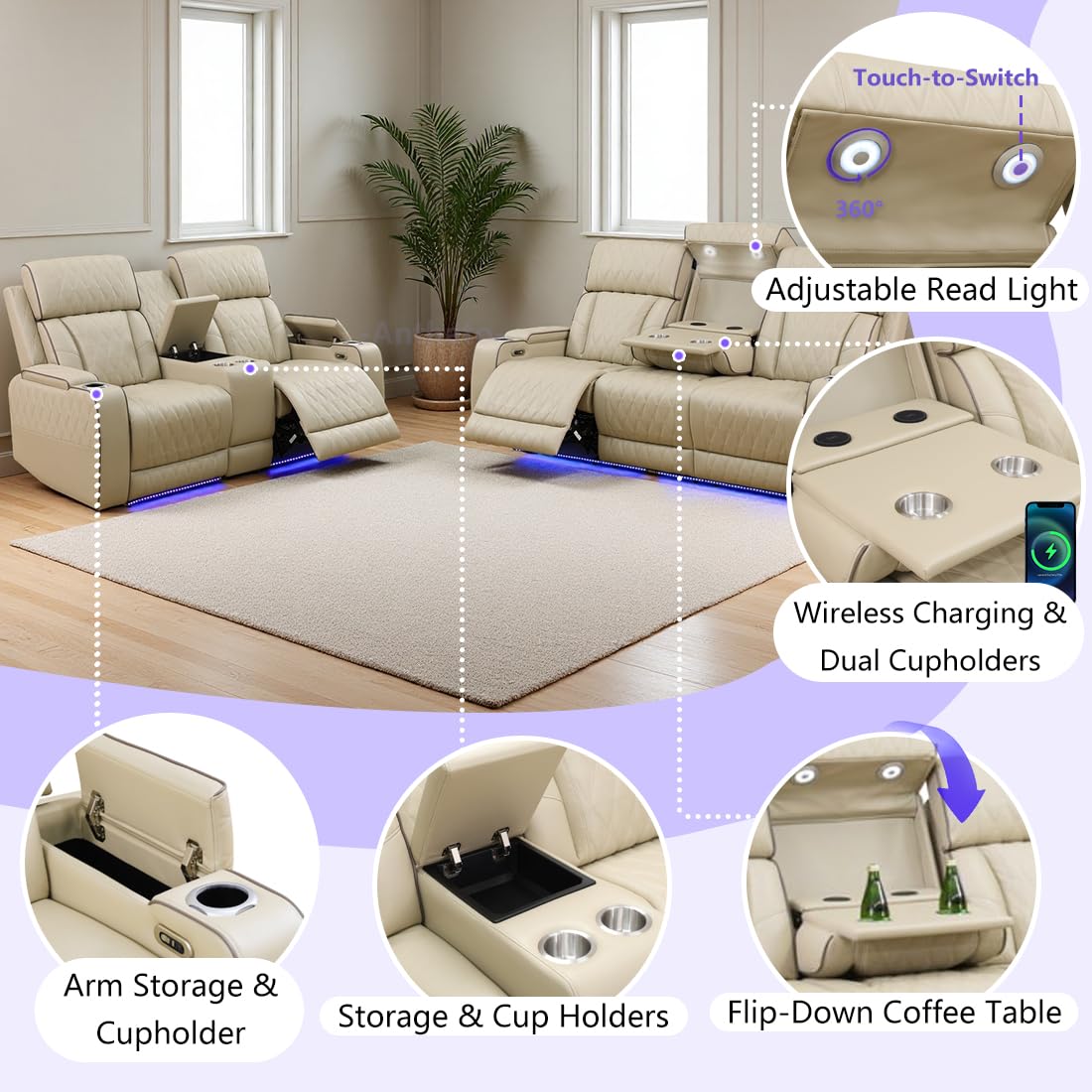 Anthato Power Recliner Sofa Set, Living Room Furniture Sets, Leather Reclining Sofa Set, Recliner Couch Loveseat and Chair with Coffee Table/Cup Holders/Charging Port for Home Theater Seat, Khaki Anthato