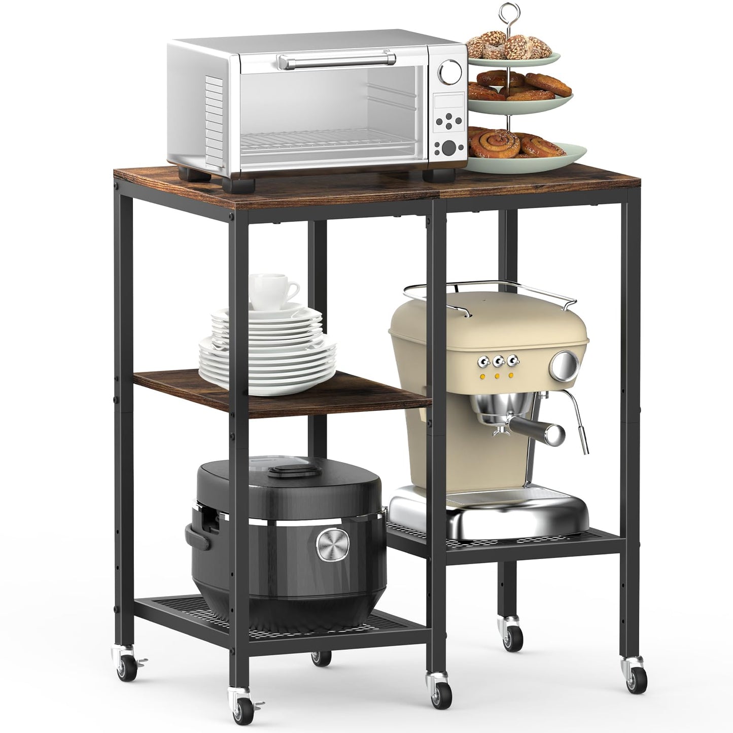 Kitchen Microwave Cart with Wheels,Coffee Bar Table Station,4-Tier Rolling Baker's Oven Rack,Small Appliance Storage Shelf,Utility Trolley Side Table for Kitchen,Office, Living Room (Rustic Brown)