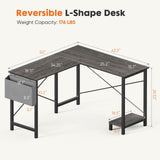 Sweetcrispy L Shaped Desk Gaming Computer 50 Inch Reversible Corner Table PC Work Table for Writing Study Student with Wood Tabletop Metal Frame CPU Stand Side Bag for Home Office Small Place, Grey Sweetcrispy