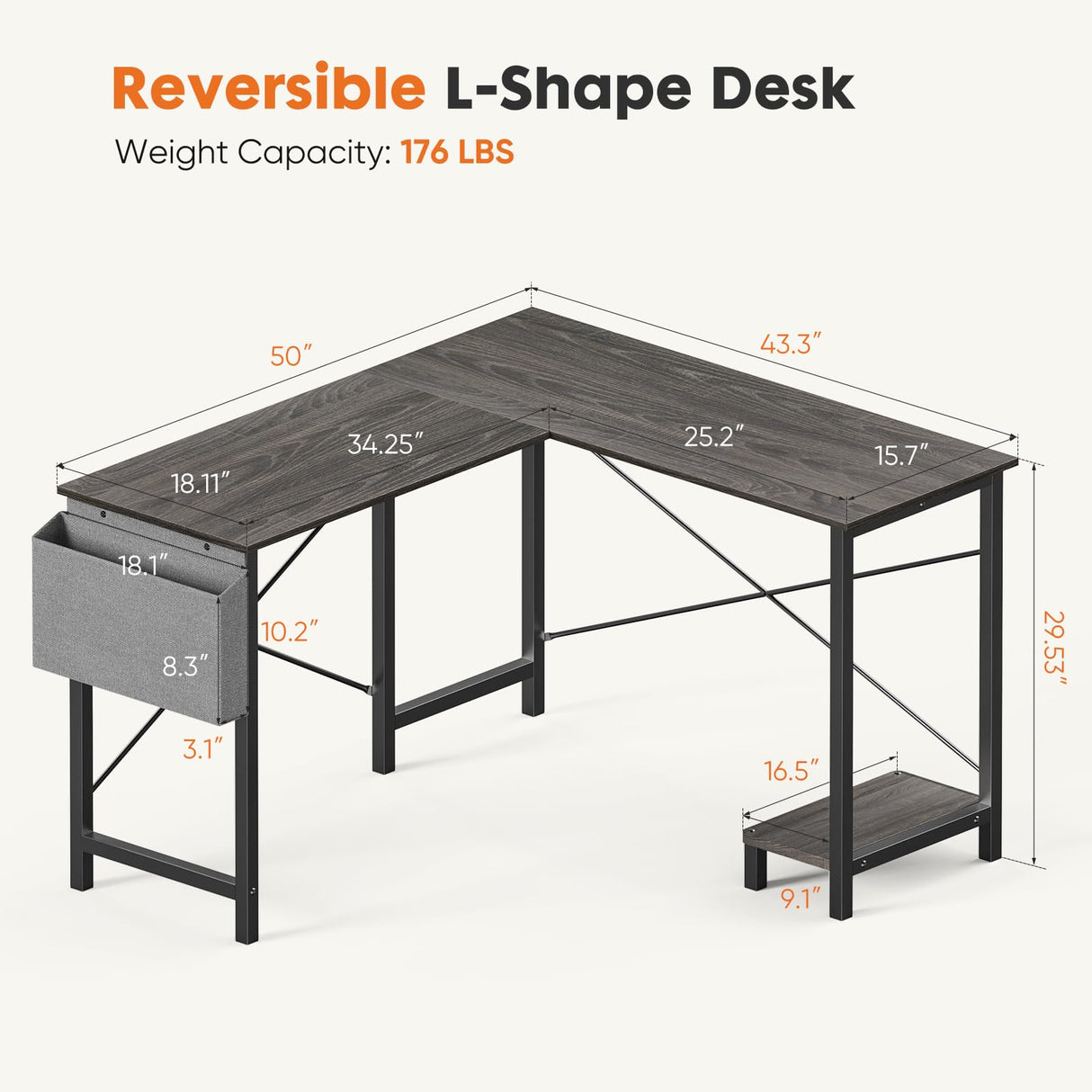 Sweetcrispy L Shaped Gaming Desk, Computer Corner Table PC Gaming with CPU Stand Side Bag for Home Office Dorm Sturdy Writing Workstation, Grey, 50 Inch Sweetcrispy