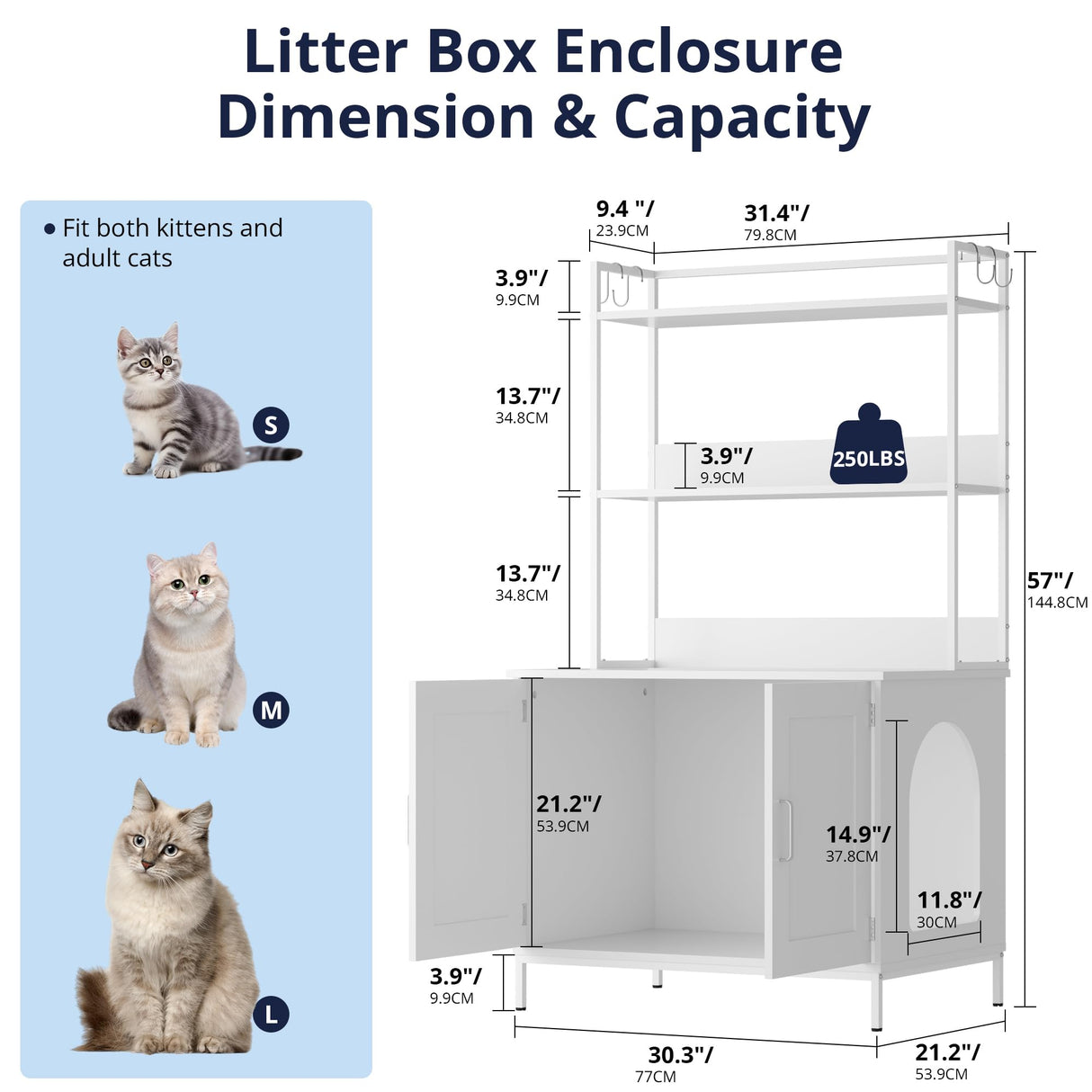 Cozy Castle Litter Box Enclosure, 57'' Cat Litter Box Furniture with Large Cabinet, Shelves and 4 S-Hooks, Hidden Cat House for Most of Litter Boxes, Wooden Pet Washroom Indoor, White Cozy Castle