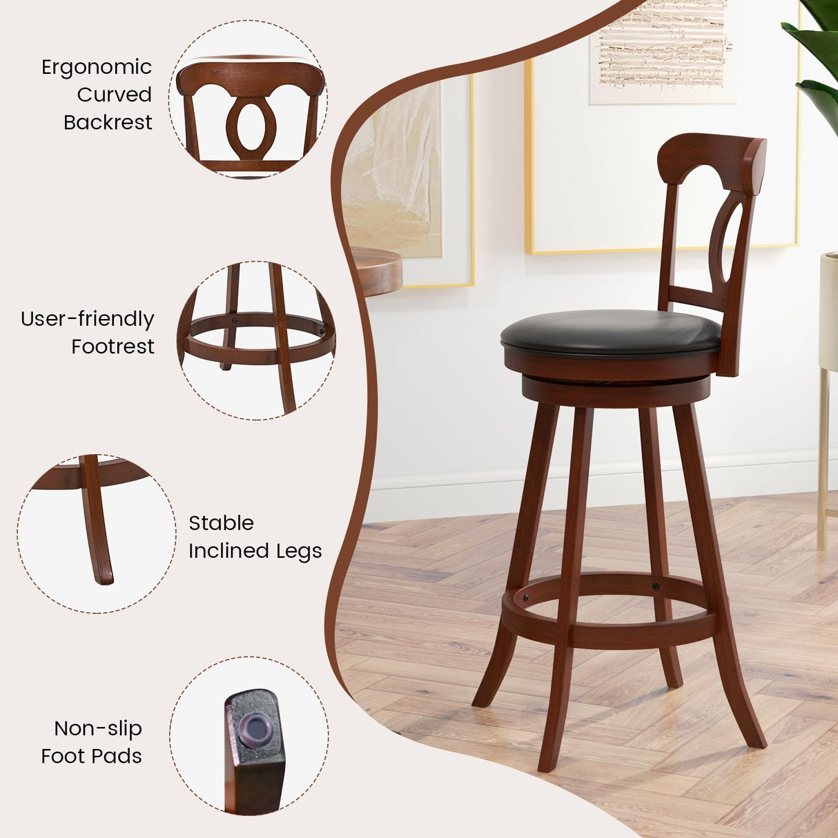 COSTWAY Bar Stools Set of 2, 30 Inch Swivel Bar Height Chairs with Ergonomic Back & Footrest, Vintage Wooden Barstool Set for Kitchen Island, Pub, COSTWAY