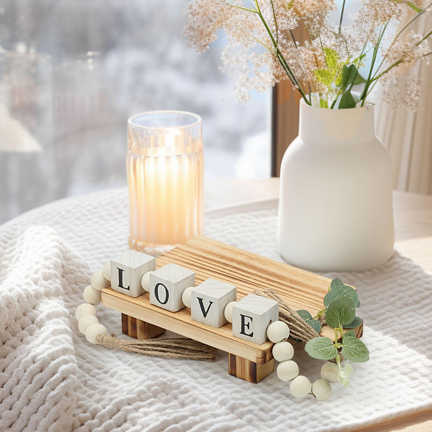 2 Packs Farmhouse Wooden Beads with Small Wooden Tray Home & Love Block Sign Home Decor Beads with Tassel Modern Wood Risers for Decor Wood Pedestal Stand for Bottles Candles Table Shelf Living Room