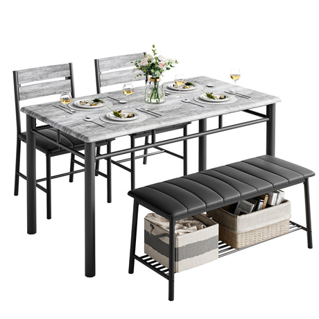 IRONCK Dining Table Set for 4, Kitchen Table with Upholstered Bench and 2 Chairs, Kitchen Table and Chairs Set for Small Space, Apartment, Gray IRONCK