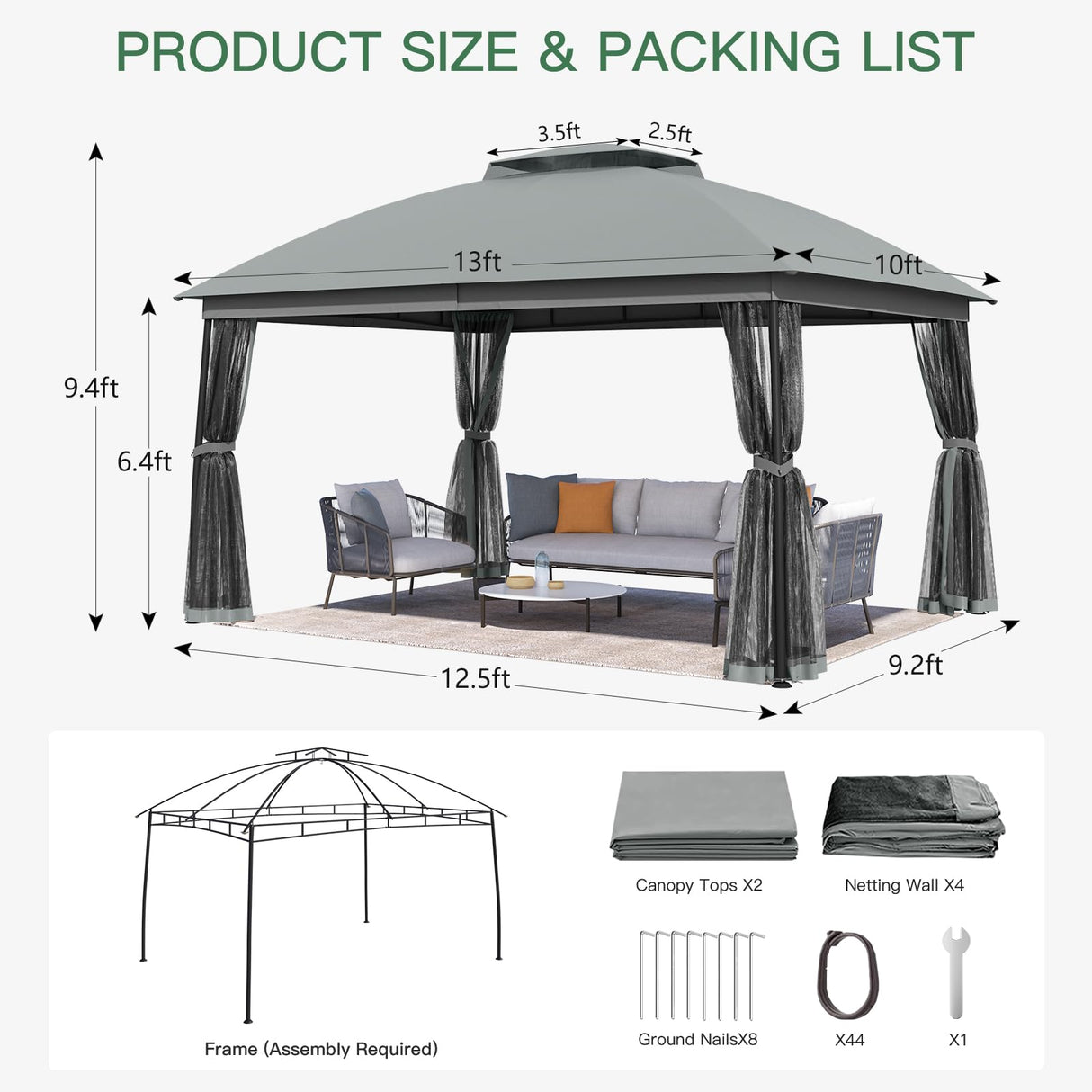 EROMMY 10 x 13 Patio Gazebo, Outdoor Waterproof Gazebo with Mosquito Netting, Sturdy Metal Canopy Gazebos with Double Air Roofs, Outdoor Tent for Backyard/Deck, Gray EROMMY