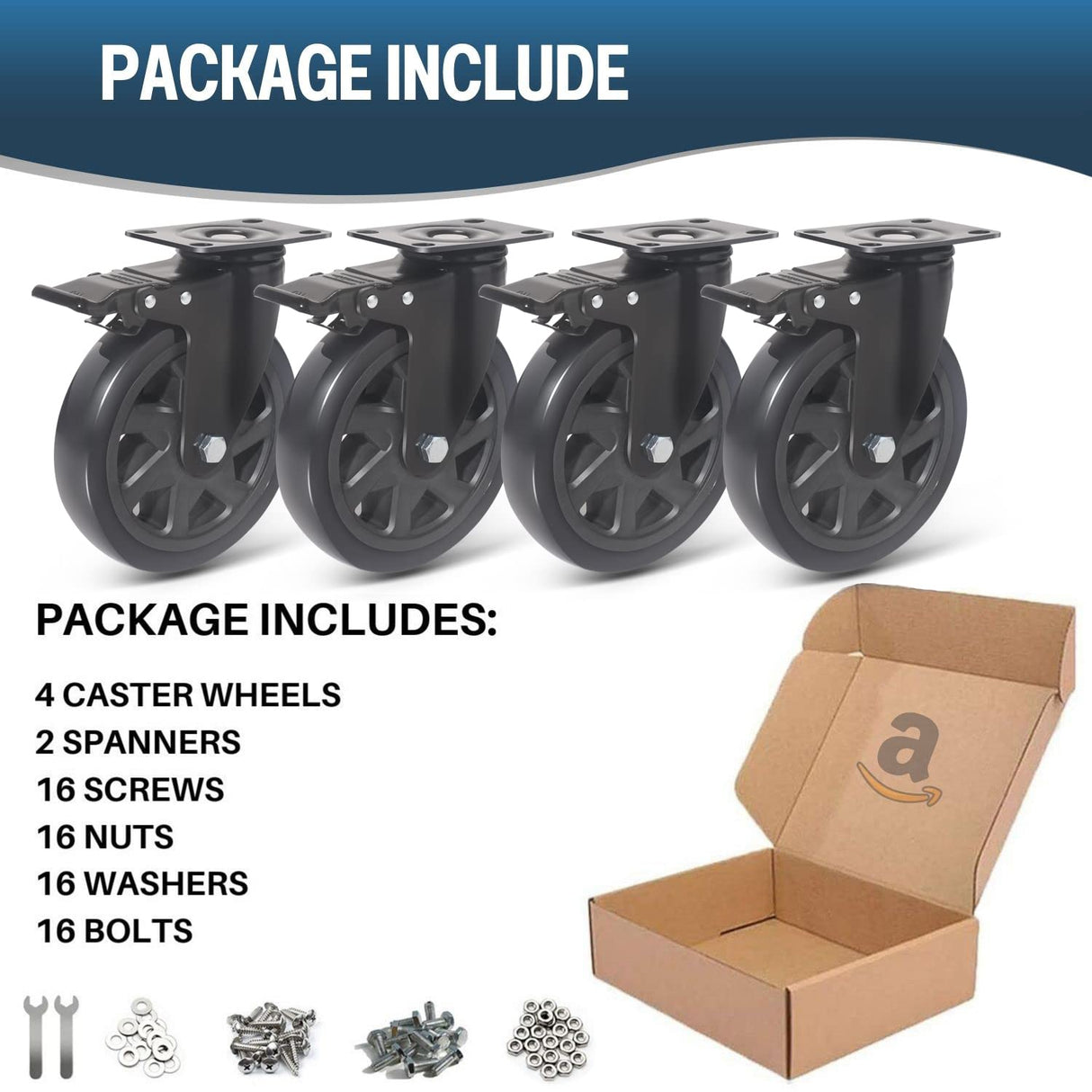 6 Inch Caster Wheels 3000lbs,Heavy Duty Casters Set of 4 with Brake, No Noise Polyurethane Swivel Caster Wheels for Cart,Furniture,Workbench(Free Screws & Spanners) Wieyunn