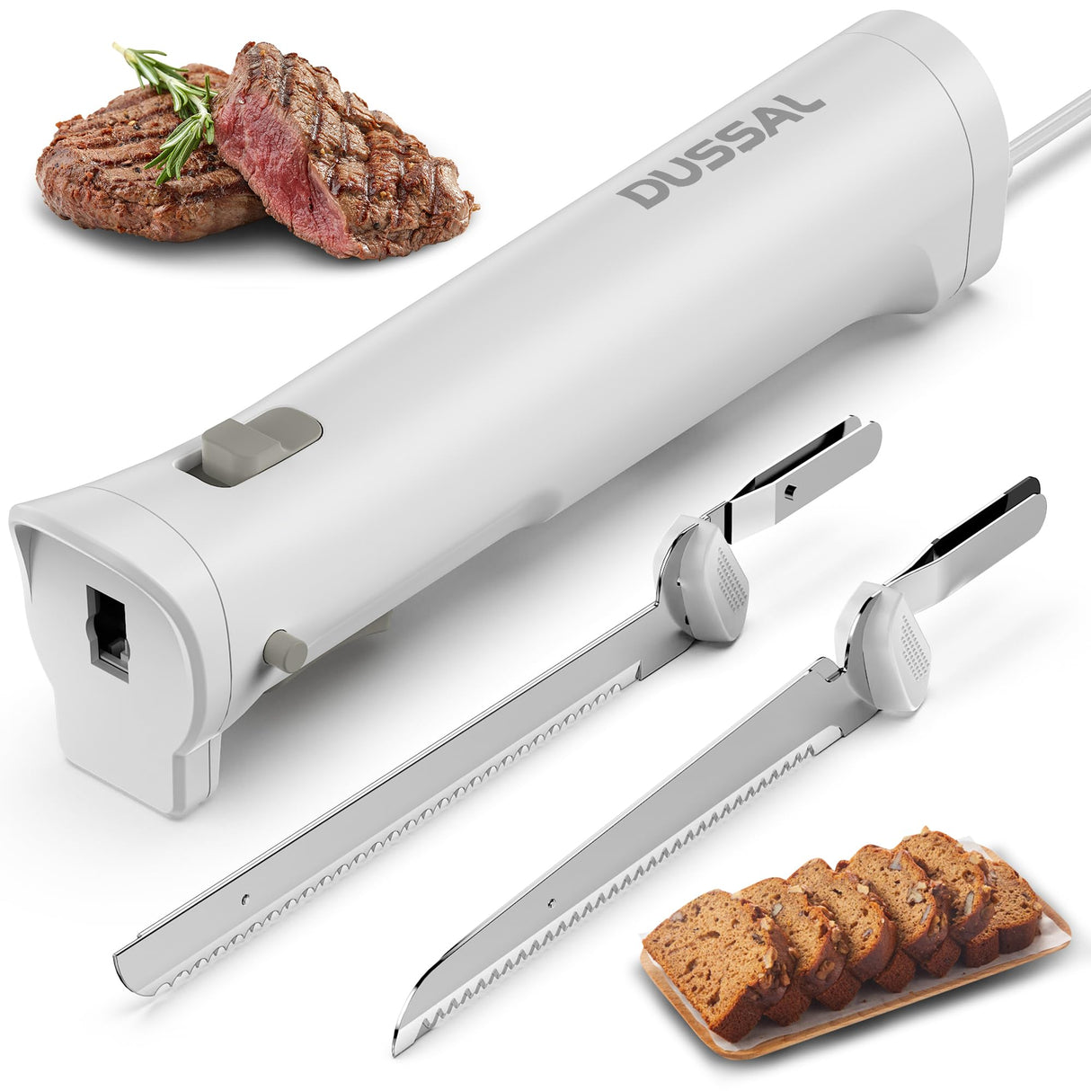 DUSSAL Electric Knife, Electric Carving Knife, 4 Stainless Steel Blades, Safety Lock Switch, Blade Release Buttons, On/Off button, Carving Meats, Poultry, Bread, Cheese & More (White) D DUSSAL