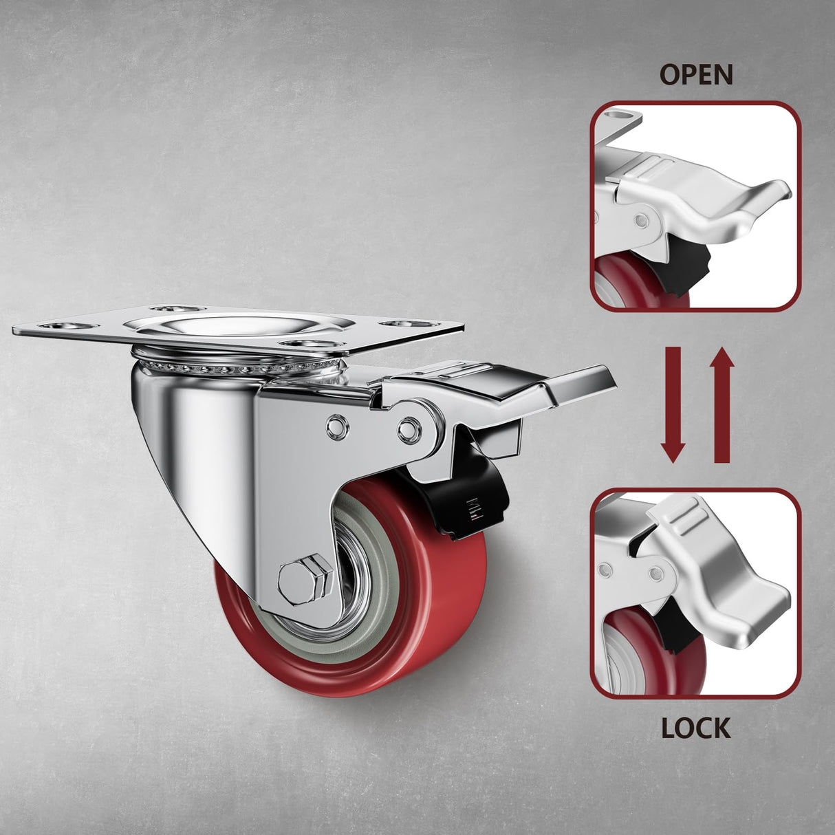 2 Inch Caster Wheels, Casters Set of 4, ASHGOOB Red Polyurethane (PU) Casters with Brake Heavy Duty, Industrial Locking Swivel Top Plate Castor Wheels for Workbench/Furniture/Cart ASHGOOB