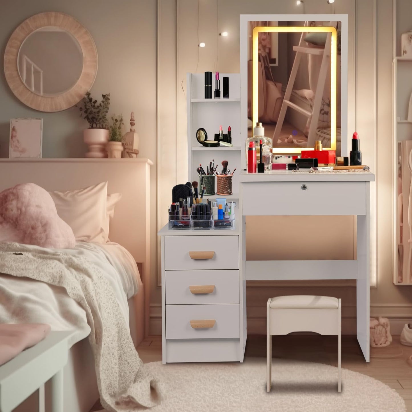 cdar Makeup Vanity Desk with Mirror and Lights, Multifunctional 3 Colour Light Modes Bedroom Dressing Table wih Drawers Shelves Chair Wooden Handles - WoodArtSupply