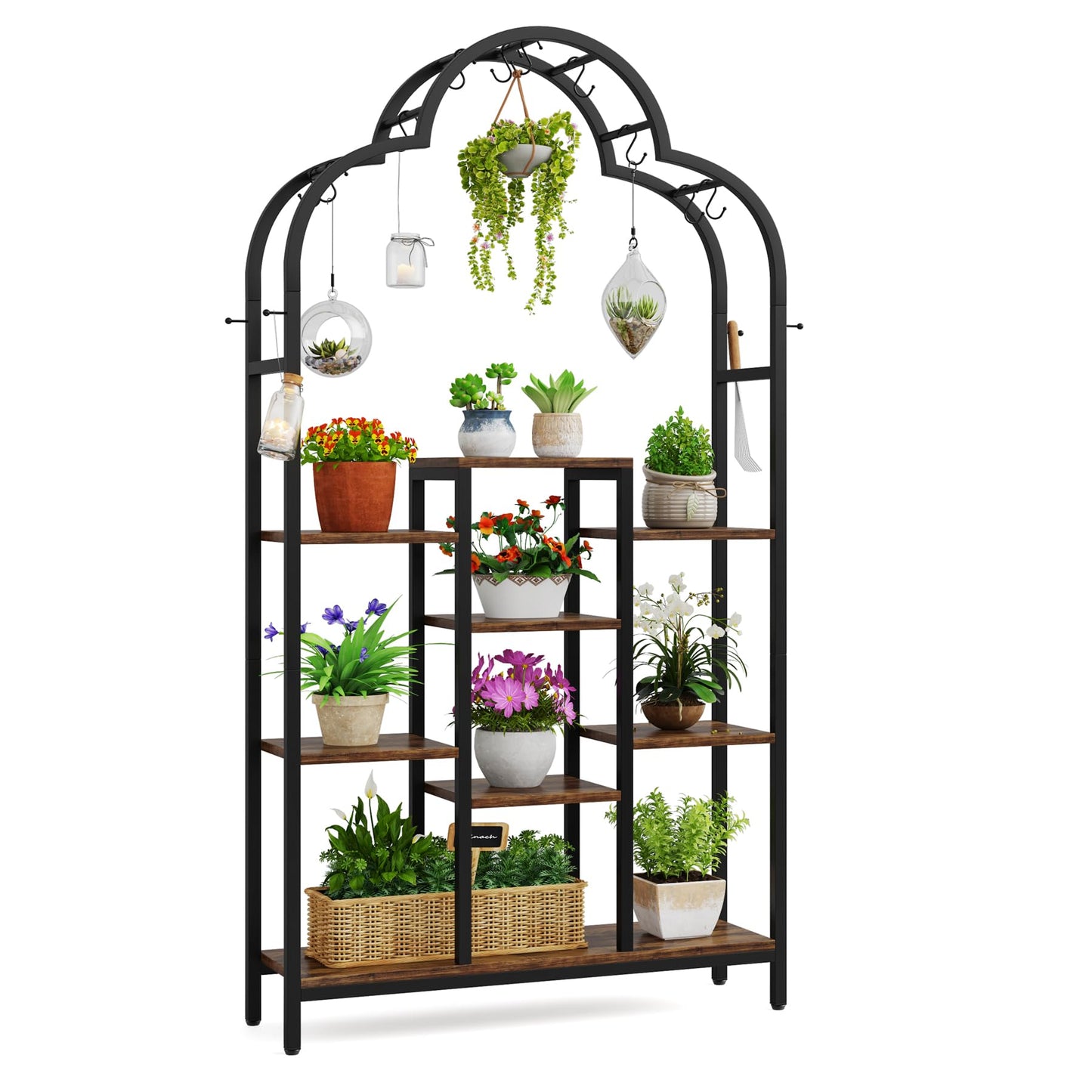 Tribesigns 6 -Tier Plant Stand Indoor, 74.8" Tall Arched Metal Plant Shelf with 10 Hanging Hooks, Multi-Purpose Large Flower Bonsai Pots Display Rack for Indoor, Garden, Balcony, Living Room, - WoodArtSupply